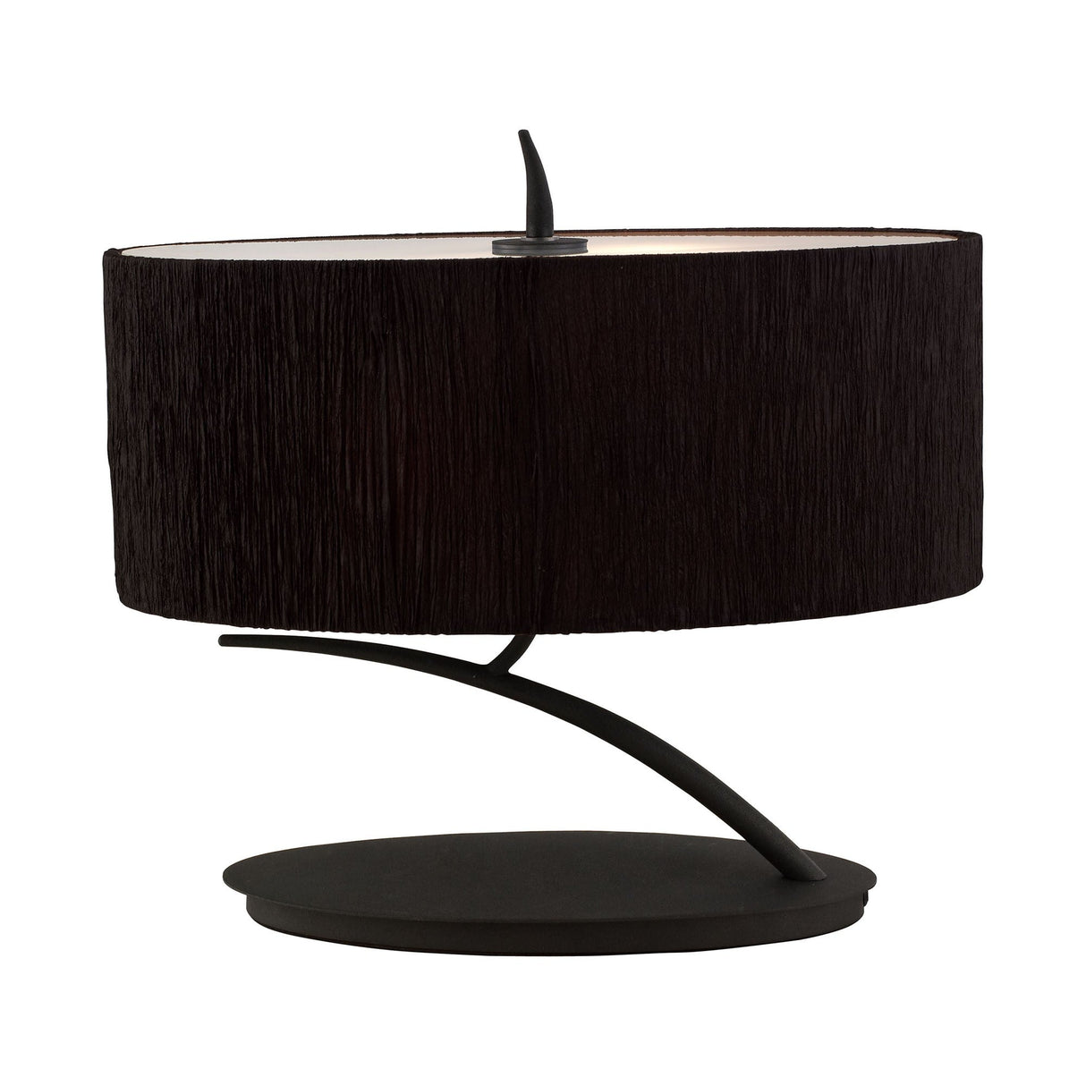 The Eve 2 Light Table Lamp features an anthracite finish, black oval shade, and an asymmetrical curved base on a flat circular platform for a modern look.