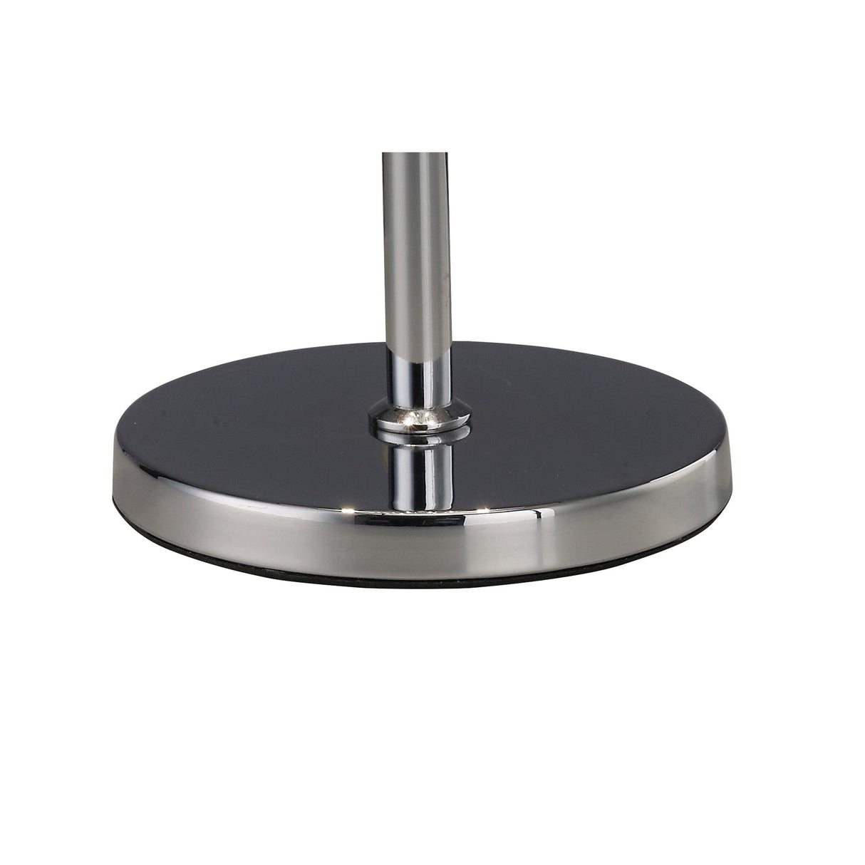 Close-up of the Evelyn 2 Light Crystal Table Lamp's shiny, round chrome base with a central pole, showcasing its modern design. The lamp features a black shade and is set against a plain white background.