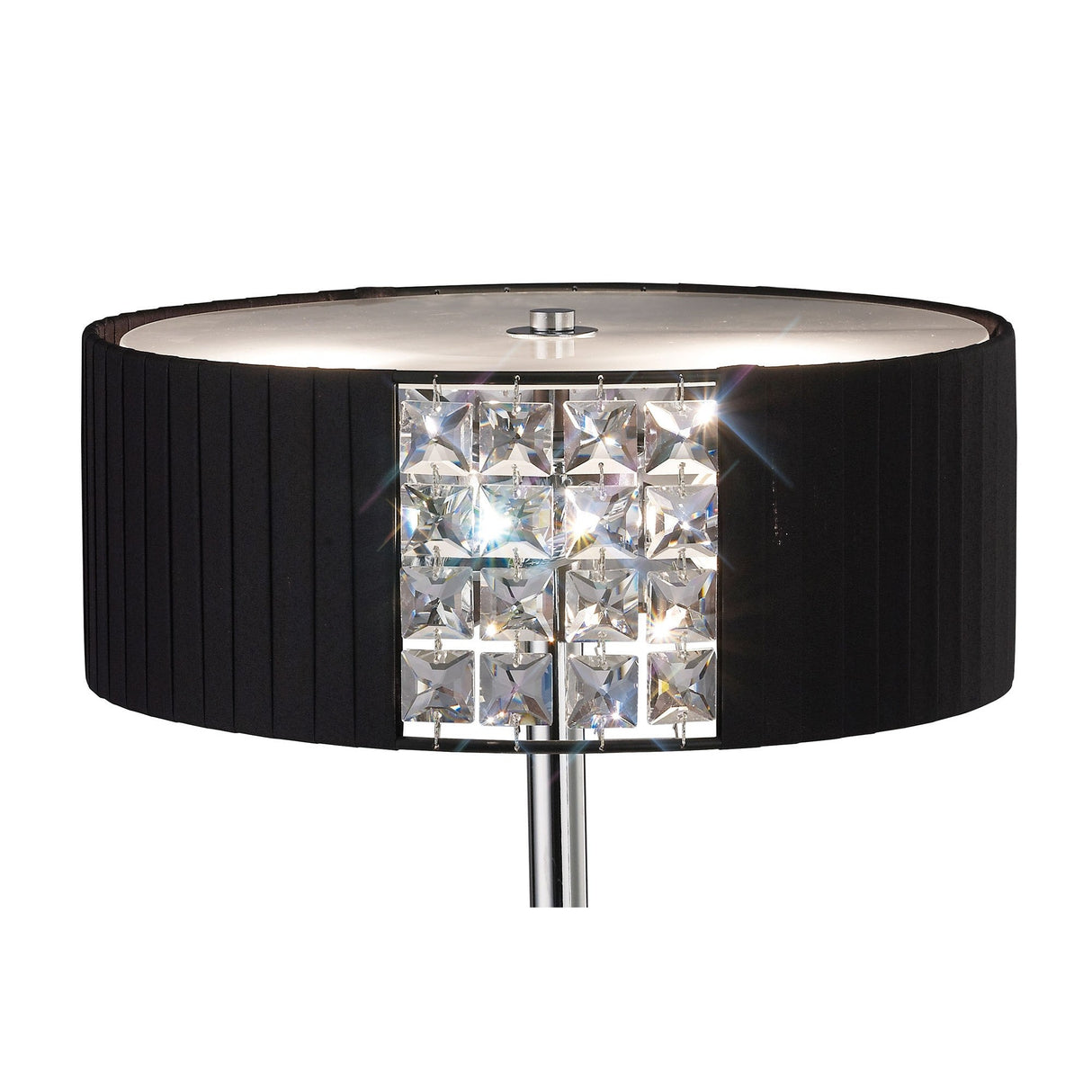 The Evelyn 2 Light Crystal Table Lamp features a sleek chrome base, vertical square crystal accents, and a modern black drum-shaped shade.