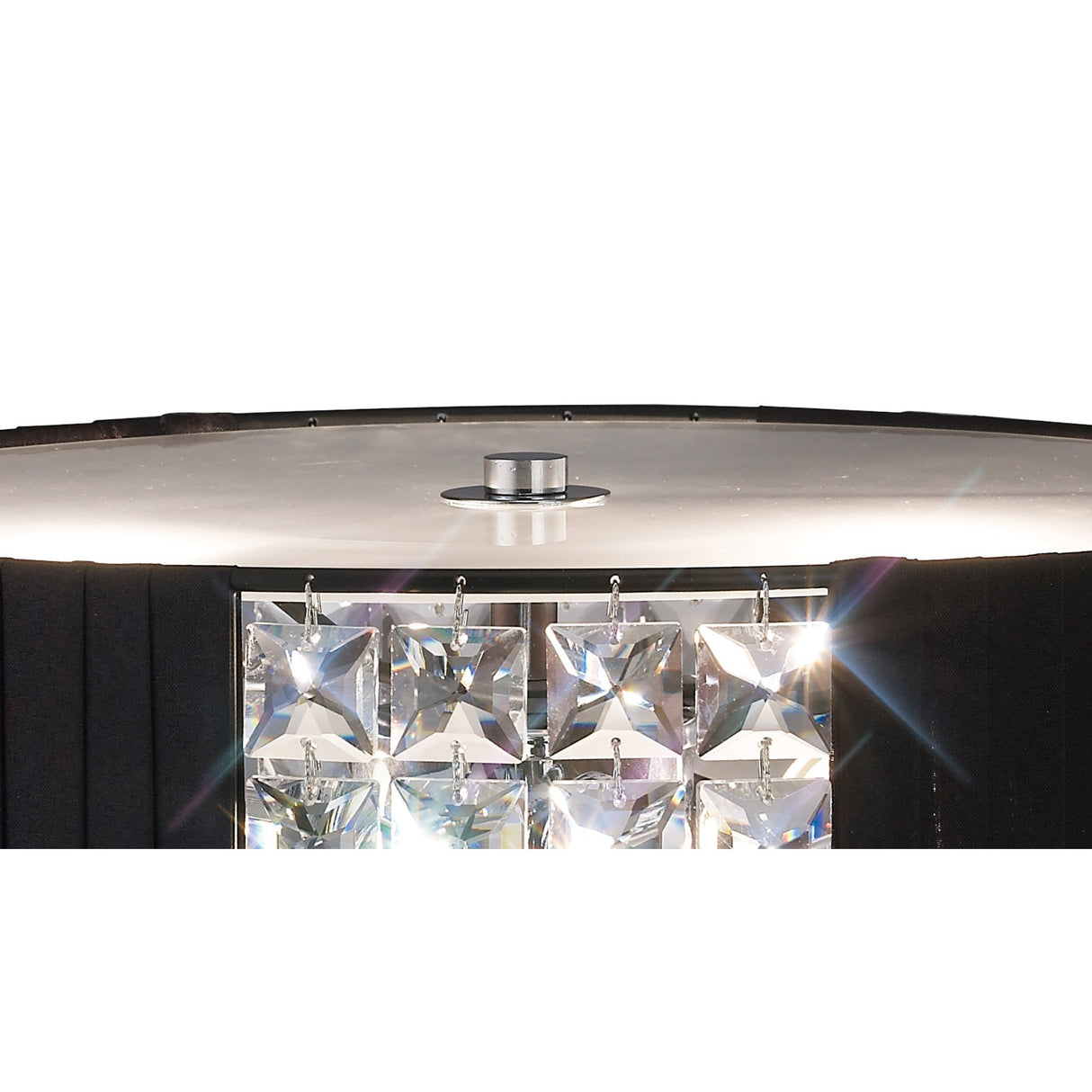 Close-up of a modern ceiling light with square crystal prisms and a metallic top, mirroring the elegance of the Evelyn 2 Light Crystal Table Lamp in chrome with black shade, perfect for contemporary décor.