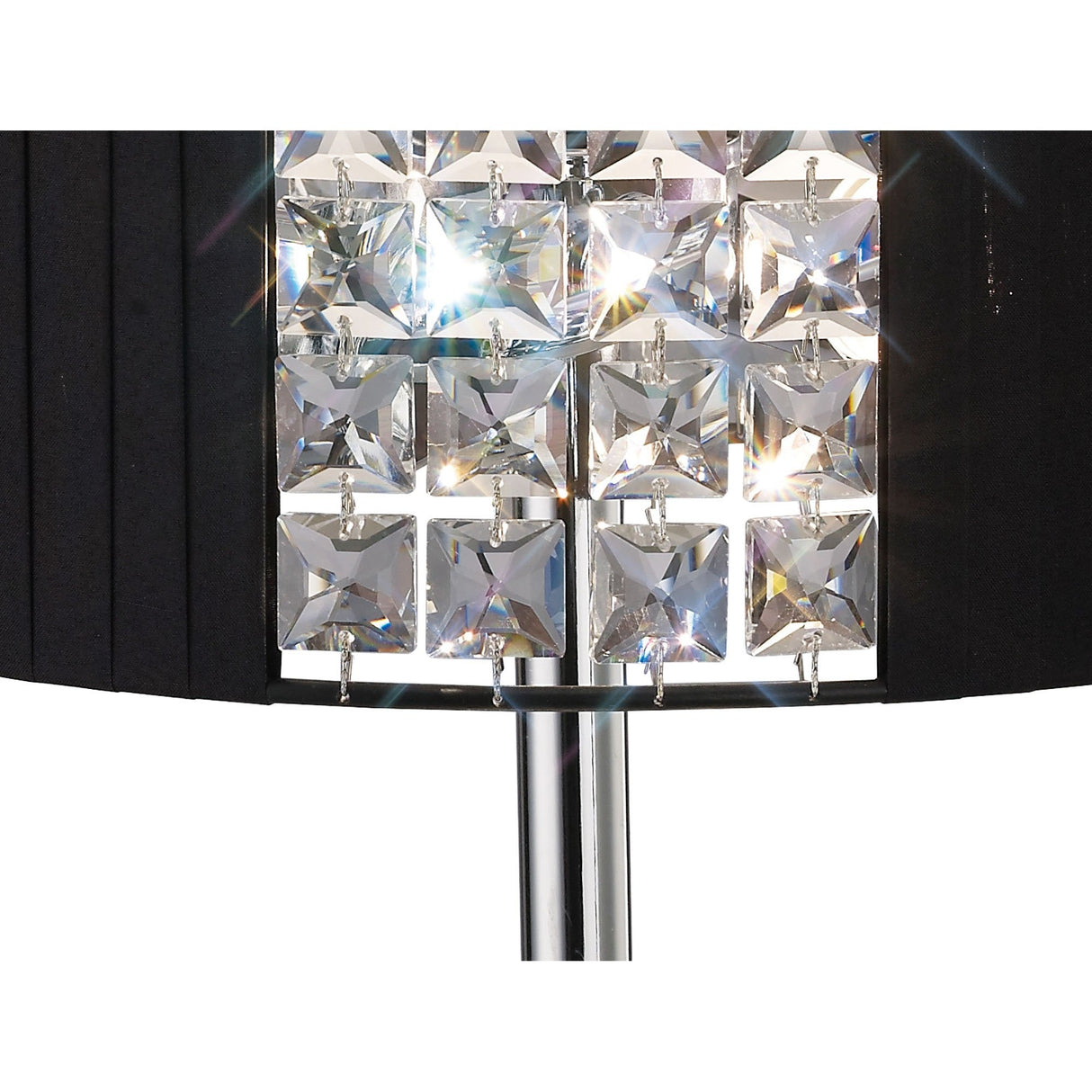 Close-up of the Evelyn 2 Light Crystal Table Lamp—chrome stem with a black shade adorned with square, faceted crystal accents that catch and reflect light for sparkling effects.