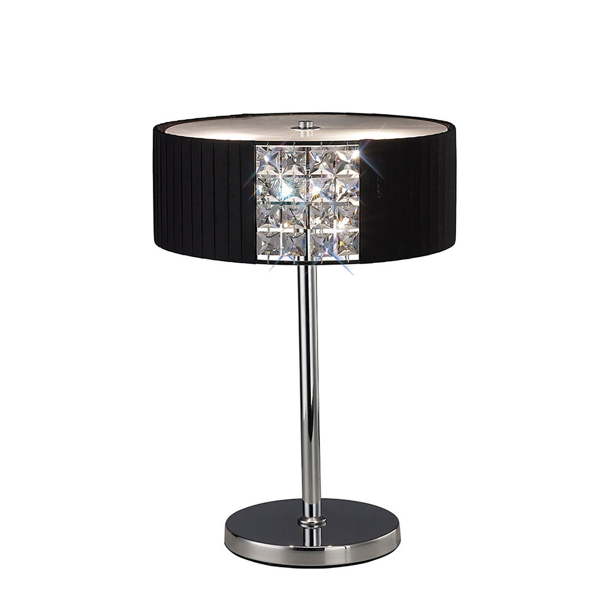 The Evelyn 2 Light Crystal Table Lamp features a black cylindrical shade, a central panel of square faceted crystal accents, and a sleek chrome base and stem for an elegant modern look.