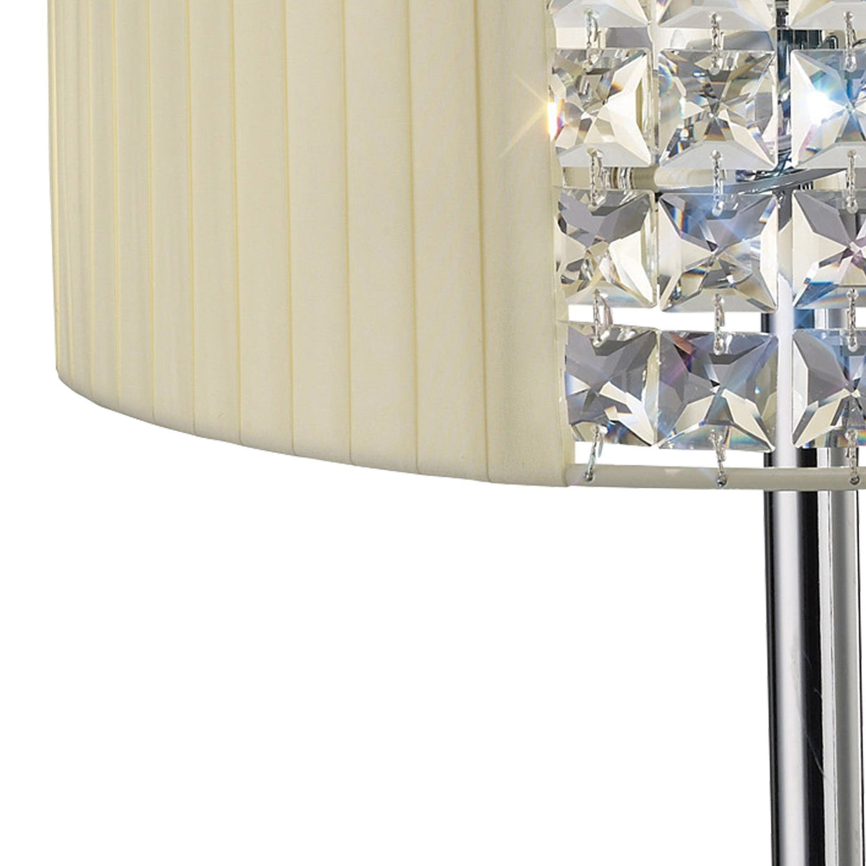 Close-up of the Evelyn 2 Light Crystal Table Lamp, featuring a chrome stand, square faceted crystal accents, and a pleated cream shade for a touch of luxury.