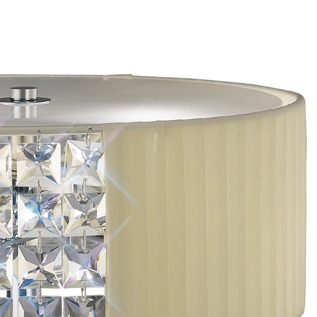 Close-up of the Evelyn 2 Light Crystal Table Lamp, showcasing a chrome base with square faceted crystal accents and a ribbed, translucent cream-colored shade.