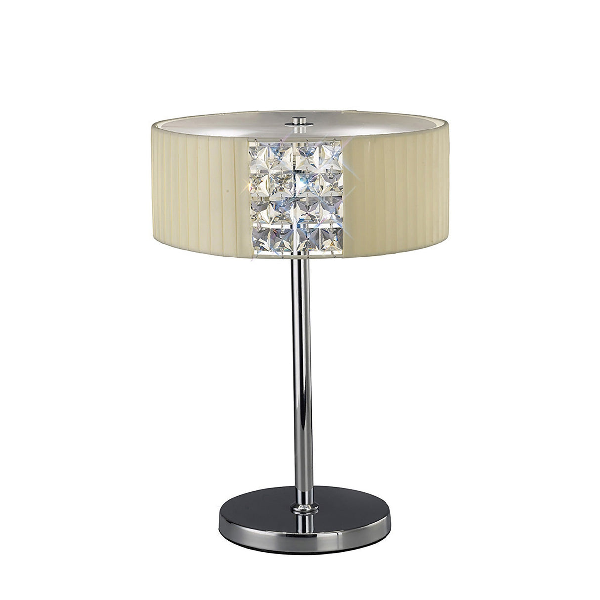 The Evelyn 2 Light Crystal Table Lamp features a sleek chrome base, vertical square crystal accents, and a cream pleated round lampshade—perfect for adding modern luxury to any room.