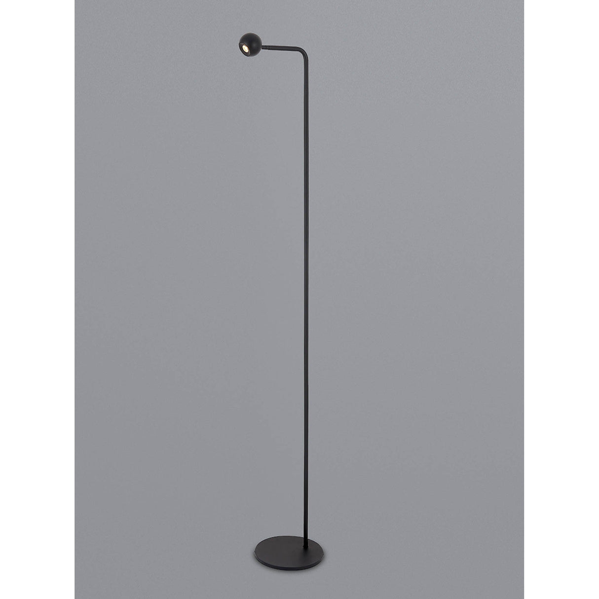 The Eyes LED Floor Lamp 6W 3000K - Sand Black features a slim, curved pole with a small spherical light on a round base, offering energy-efficient and minimalist lighting for any space.