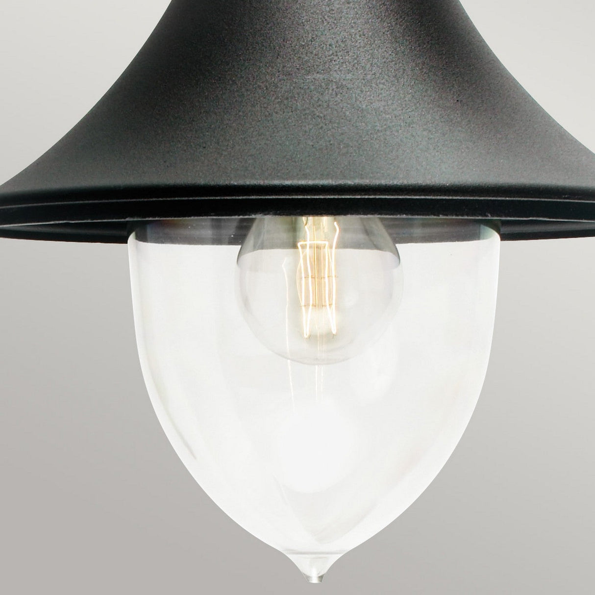 The product image highlights the Firenze Outdoor 1 Light Wall Lantern in black, featuring a black metal shade and a clear glass enclosure. It is elegantly suspended by a sleek black chain, with the visible light bulb casting a warm glow against a light gray background.