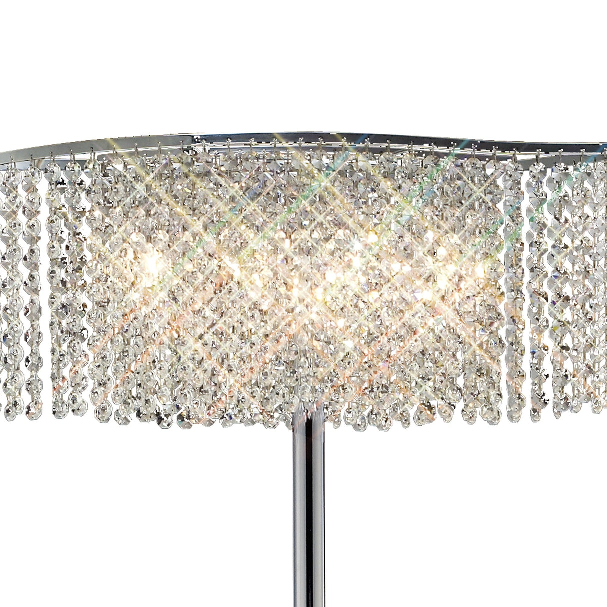 A close-up of the Fabio 4 Light Crystal Floor Lamp - Chrome (Without Shade), featuring a polished chrome base and hanging sparkling crystal beads that reflect light beautifully—ideal for adding modern glamour to any space.