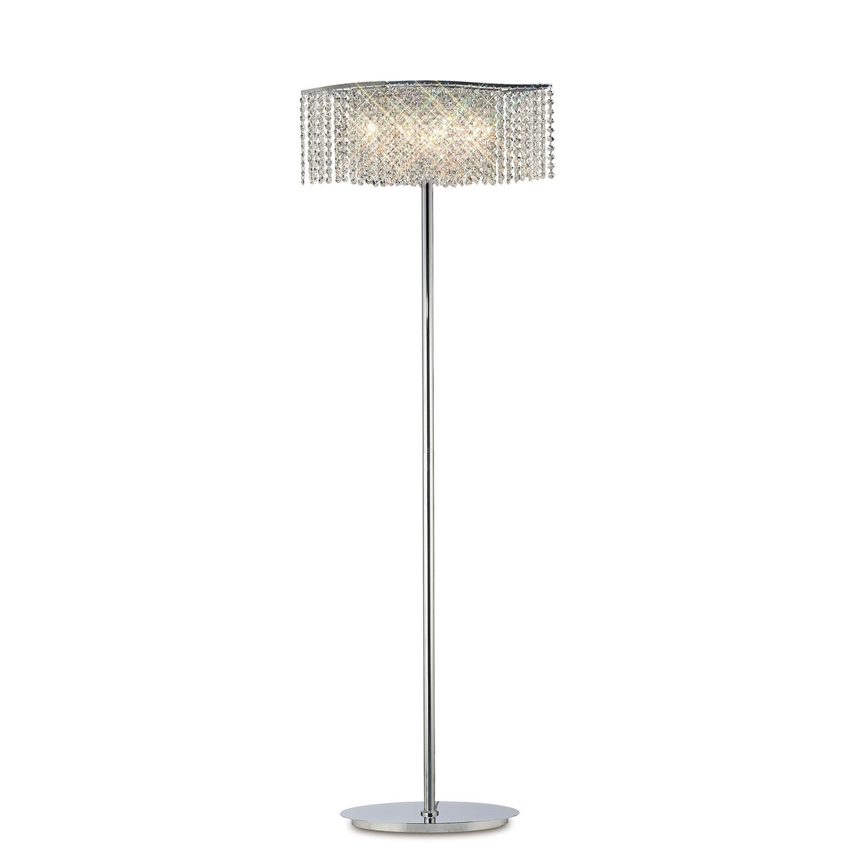 Elevate your space with the Fabio 4 Light Crystal Floor Lamp in Chrome (Without Shade). This glamourous lamp features sparkling crystals and hanging bead strands, casting a warm, inviting glow when illuminated.