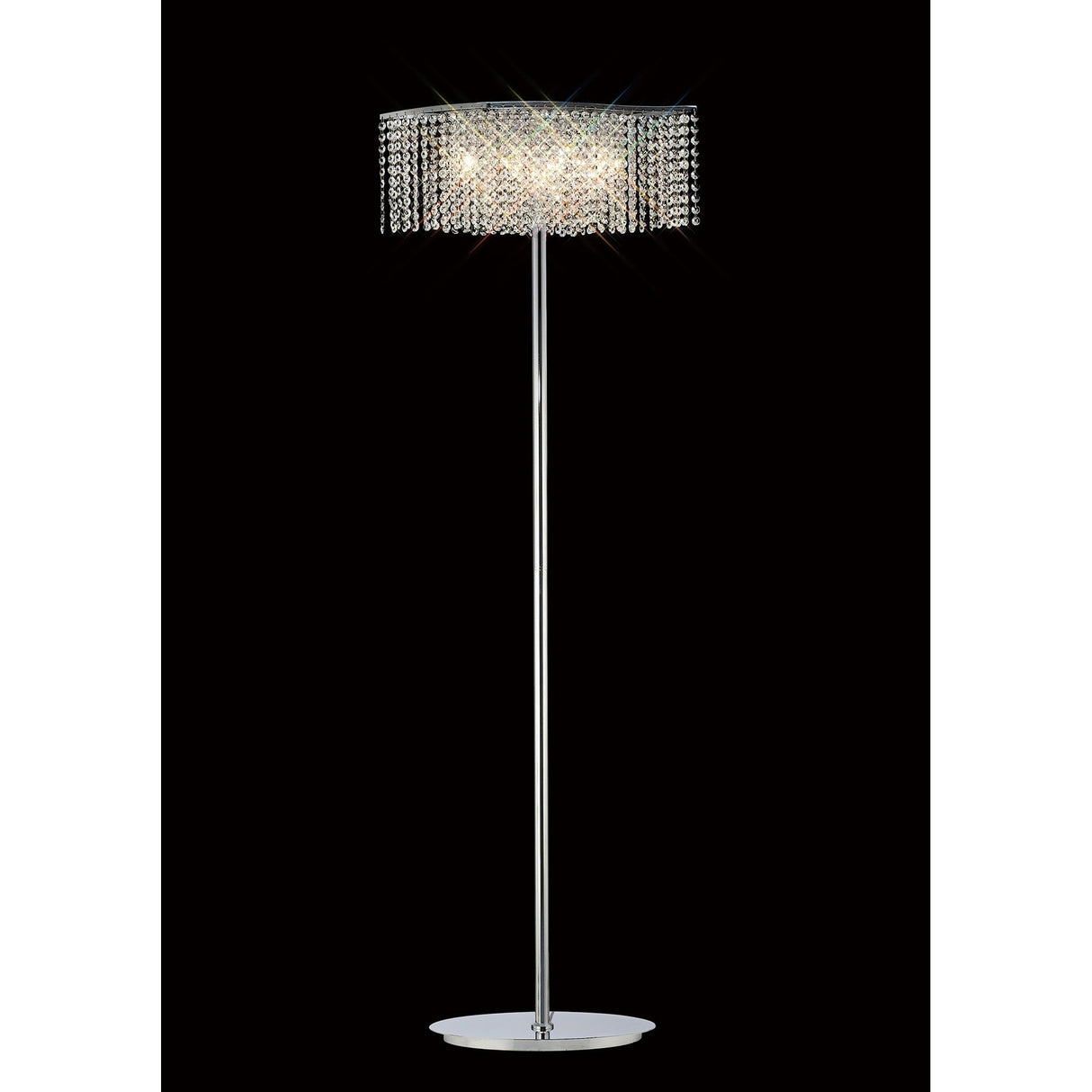 The Fabio 4 Light Crystal Floor Lamp - Chrome (Without Shade) adds modern glamour with its crystal accents and chrome stand, creating a stunning lighting effect against a black background.