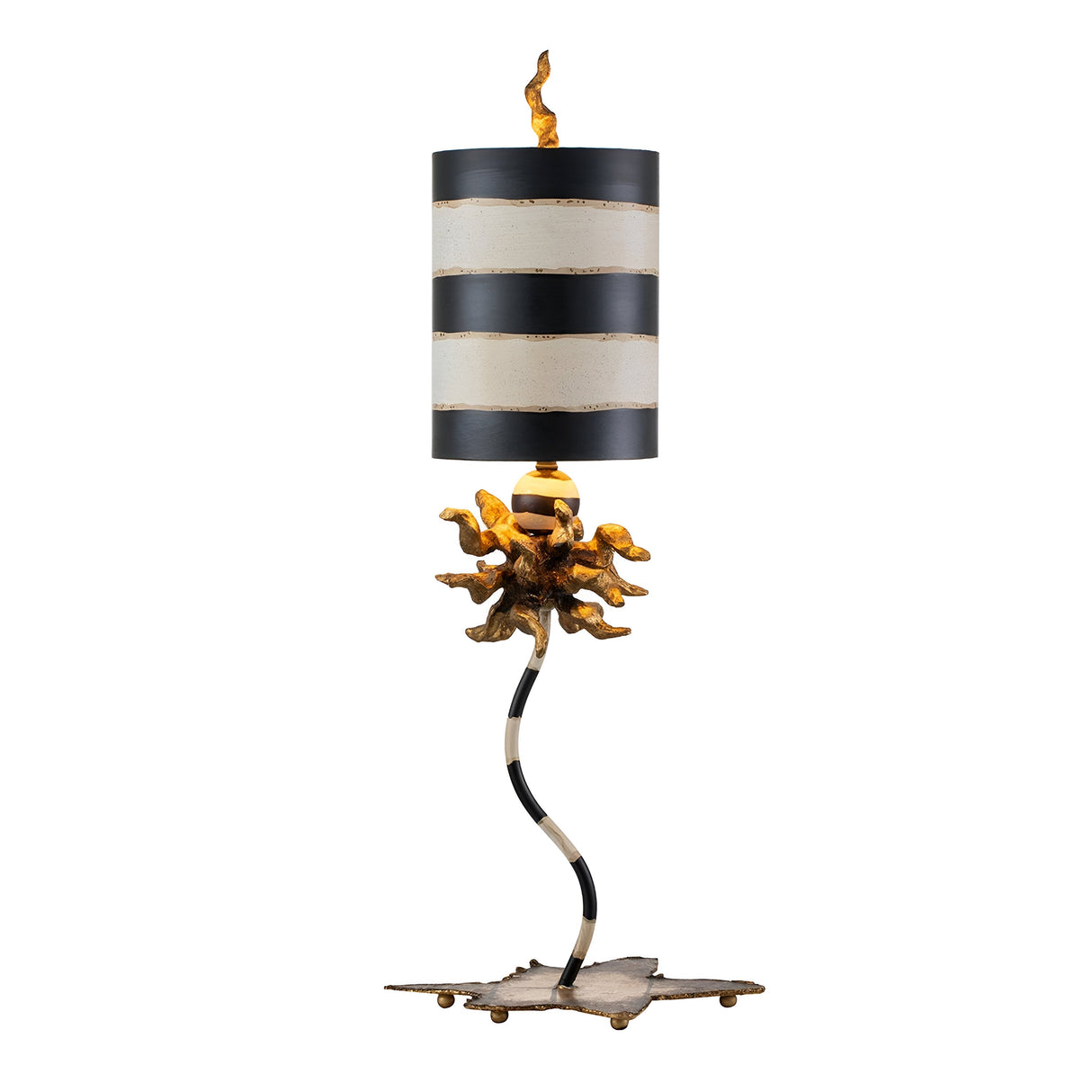 Introducing the Dominique 1 Light Table Lamp, featuring a twisted metallic base in a gold leaf finish that mimics intertwined branches. Its cylindrical shade sports black and cream horizontal stripes, while the top is adorned with a decorative flame-like detail that adds a modern flair to its elegant design.