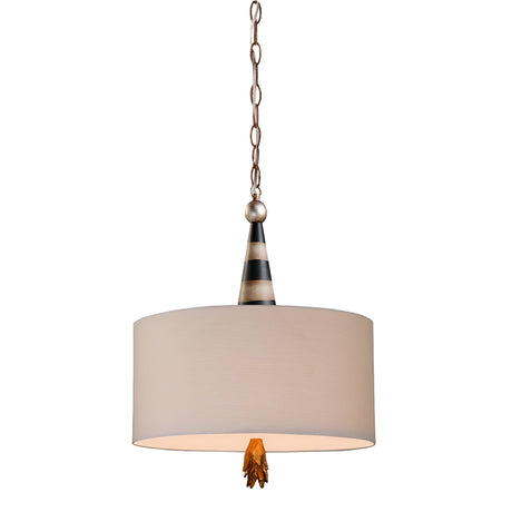 The Flambeau 2 Light Pendant boasts a contemporary design with a cream drum-shaped shade suspended from a metallic chain, embodying popular interior styles. It features a decorative metal fixture adorned with black and gold leaf stripes, complemented by a sculpted accent at the bottom.