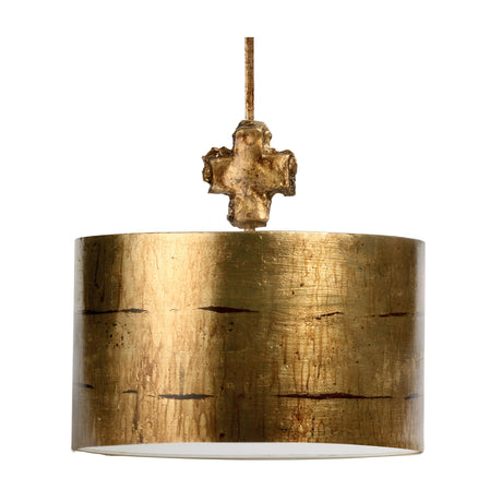 Introducing the Fragment 1 Light Pendant in Aged Gold: This elegant hanging pendant light features a cylindrical shade with an antique, lightly distressed finish. With a contemporary design flair, it showcases a decorative cross-shaped detail that connects seamlessly to the suspension rod.