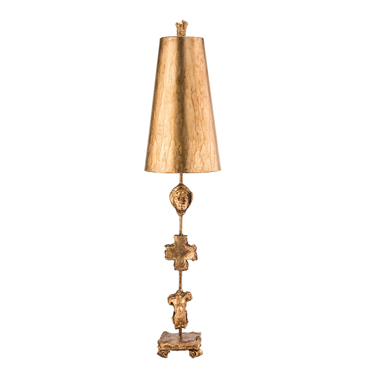The Fragment 1 Light Table Lamp in aged gold radiates vintage charm with its tall, ornate design. Its elongated conical lampshade and base, which is adorned with intricate details and artistic figures, provide a classical and luxurious appearance.