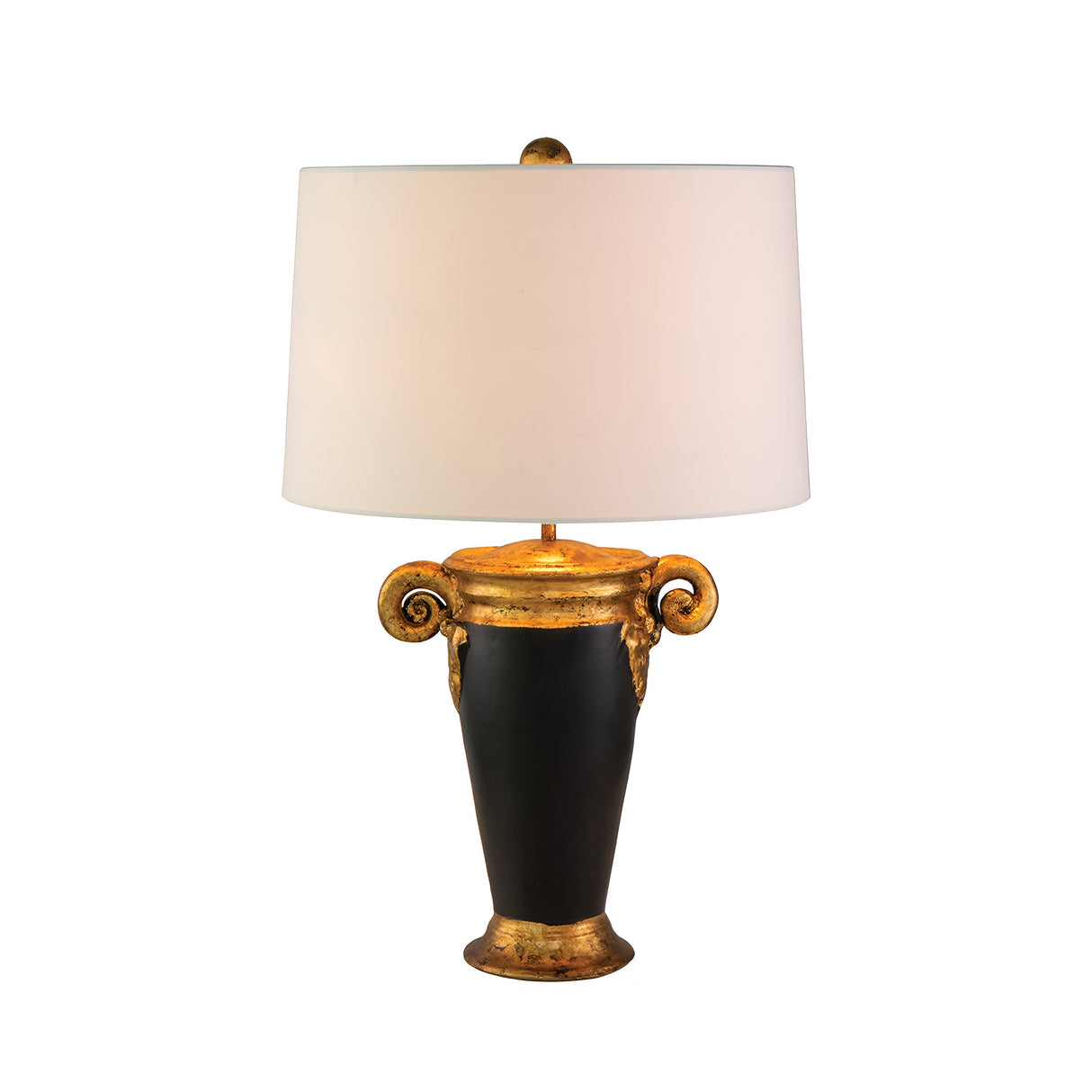 Introducing the Gallier 1 Light Table Lamp in Black & Gold—a decorative piece perfect for home decor. This elegant lamp features a white cylindrical shade and an ornate vase-shaped base, accented with black and gold tones. The scroll-like details near the top add to its classic charm.