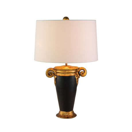 Introducing the Gallier 1 Light Table Lamp in Black & Gold—a decorative piece perfect for home decor. This elegant lamp features a white cylindrical shade and an ornate vase-shaped base, accented with black and gold tones. The scroll-like details near the top add to its classic charm.