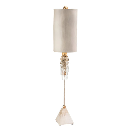 Introducing the Madison 1 Light Table Lamp, distinguished by a putty patina finish and a sophisticated cylindrical beige lampshade. It is beautifully embellished with K9 cut glass accents and features a slender gold-colored stand mounted on a pyramid-shaped base.