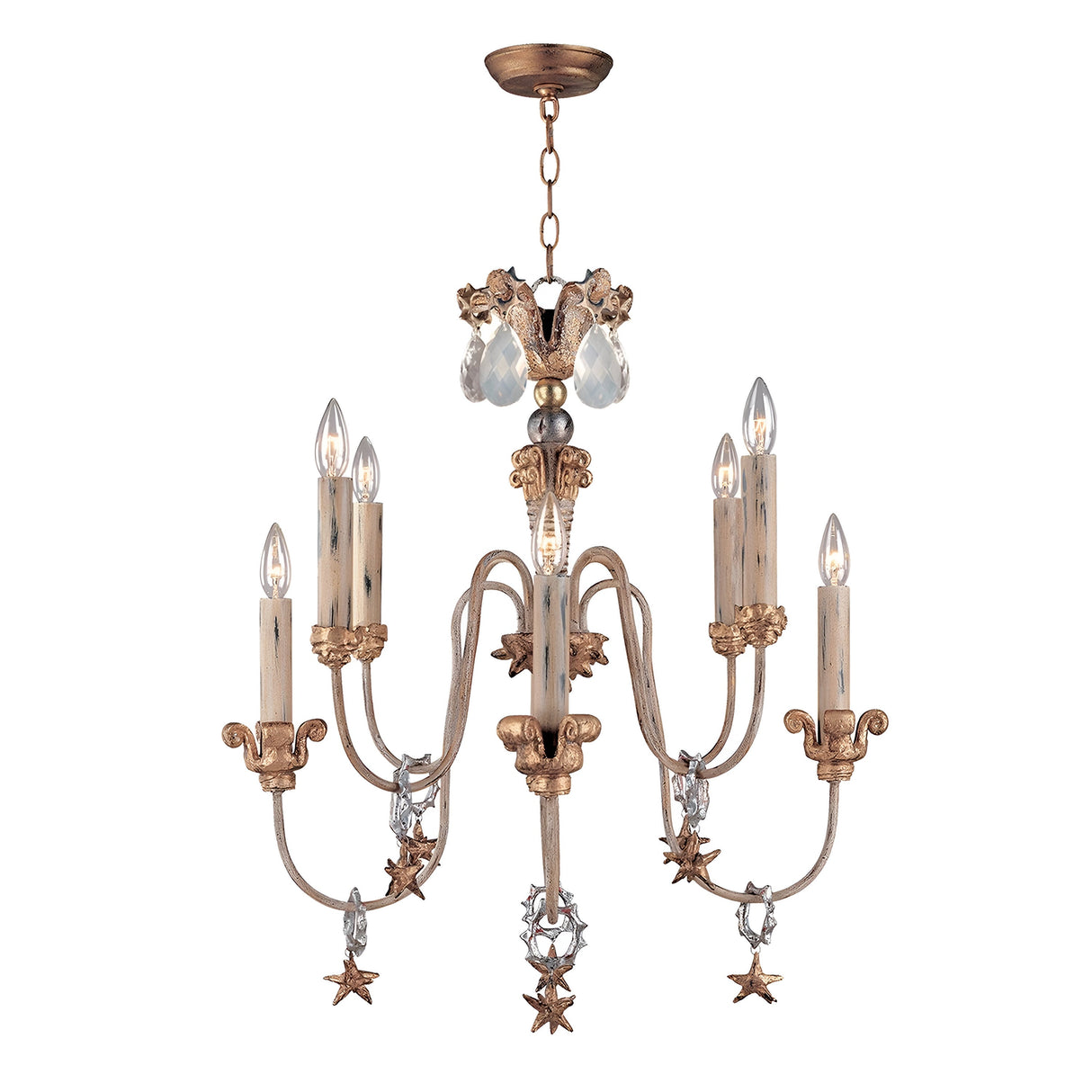 The Mignon 8 Light Chandelier - Gold & Silver features an exquisite design with eight candle-style bulbs, star pendants, and teardrop-shaped crystal droplets. Embellished with detailed scrollwork and floral motifs, its vintage charm is further enhanced by gold accents and a luxurious gold leaf finish.