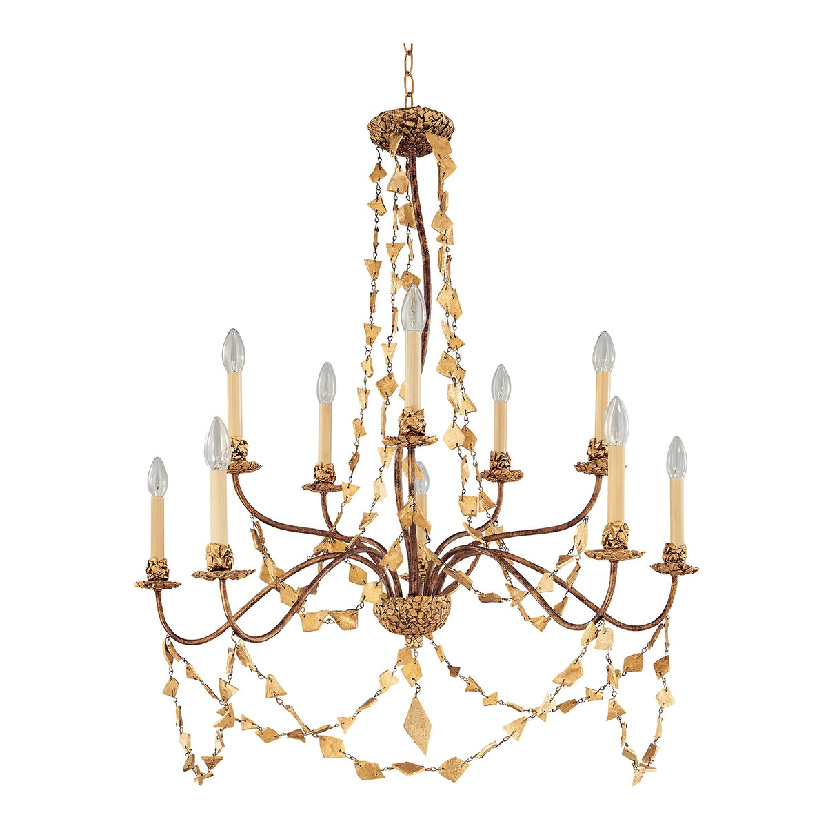 The Mosaic 10 Light Chandelier - Gold boasts an ornate golden finish with ten candle-style lights and intricate leaf and crystal decorations adorning its frame. It features a chain for ceiling suspension, adding an exquisite touch of elegance to any room.