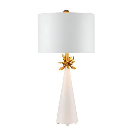Explore the Neo 1 Light Table Lamp in White & Gold, showcasing a modern design with a sleek white conical base and a large cylindrical lampshade. The lamp is adorned with elegant Gold Leaf accents that mimic a decorative branch, seamlessly connecting the base and shade.