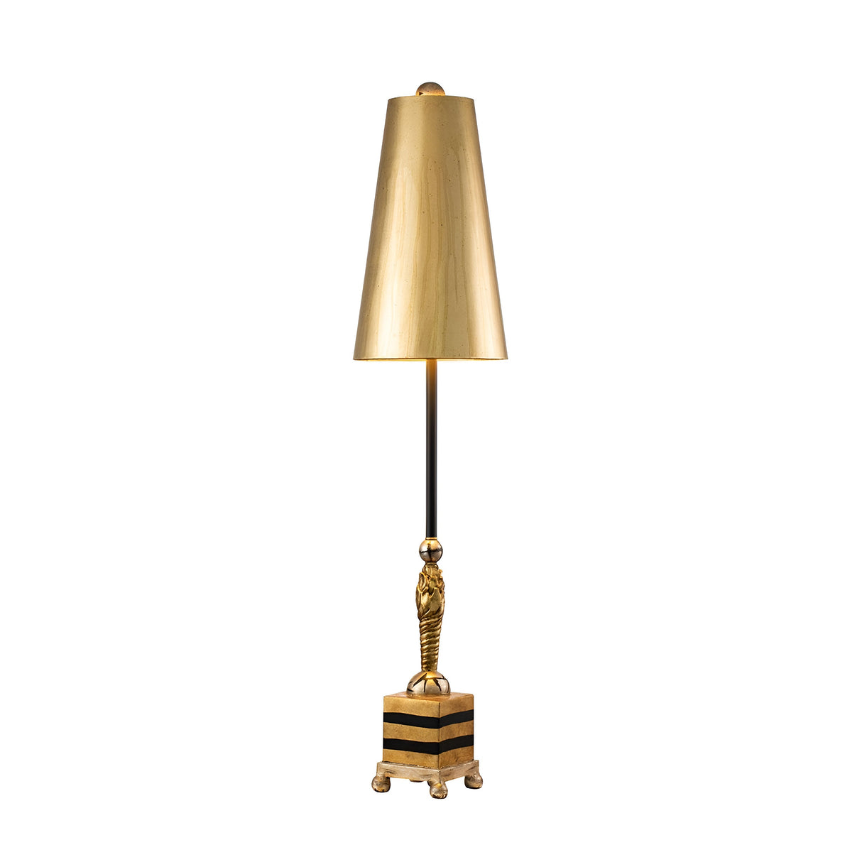 The Noma Luxe 1 Light Table Lamp in Gold, Black & Silver Leaf is a tall, elegant piece featuring a sleek gold leaf shade. It has a slender black stem adorned with a decorative gold figure and rests on a square base with striped gold and black patterns, making it the perfect decorative accent.