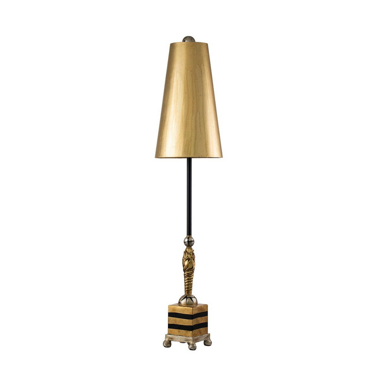 The Noma Luxe 1 Light Table Lamp in gold, black, and silver leaf features a vintage design with a gold-leaf conical shade and black stem adorned with a decorative figure. It sits on a square, striped base with metallic accents, offering an elegant touch against the plain white background.