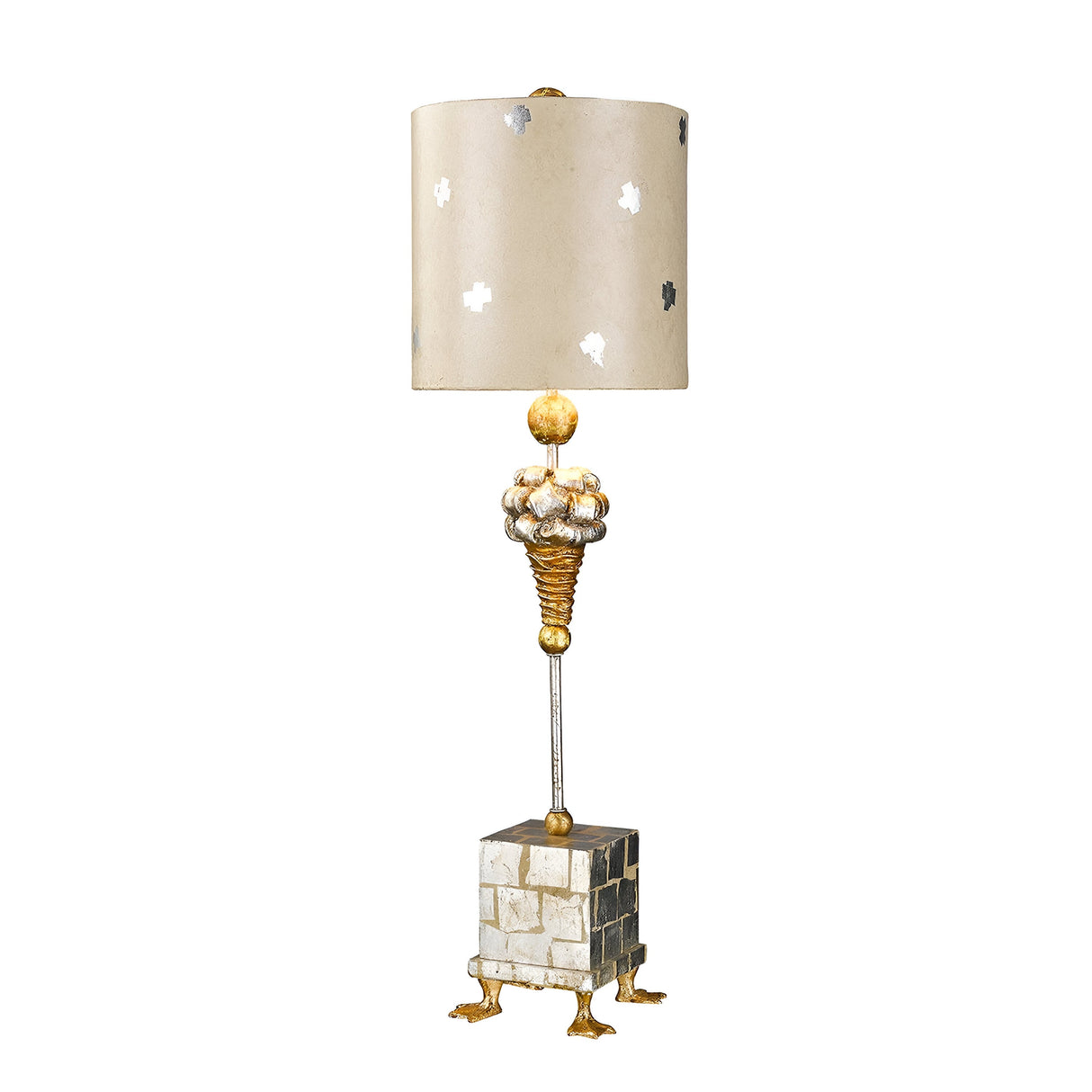 Introducing the Pompadour X 1 Light Table Lamp - Cream & Silver Leaf, featuring a gilded ornate column adorned with a floral motif and topped with a pompadour-inspired finial. This elegant lamp includes a beige cylindrical lampshade decorated with subtle leaf patterns, all resting securely on a checkered cube base with small, claw-like feet.