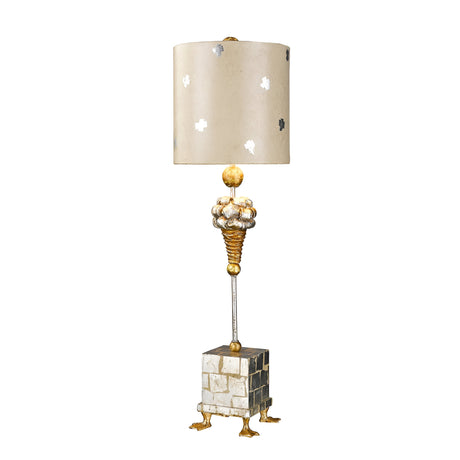 Introducing the Pompadour X 1 Light Table Lamp - Cream & Silver Leaf, featuring a gilded ornate column adorned with a floral motif and topped with a pompadour-inspired finial. This elegant lamp includes a beige cylindrical lampshade decorated with subtle leaf patterns, all resting securely on a checkered cube base with small, claw-like feet.