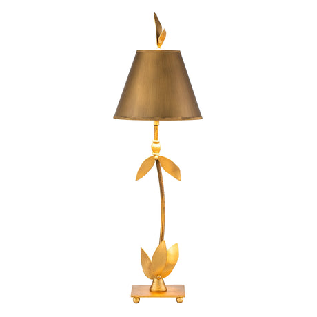 The Red Bell 1 Light Table Lamp - Gold Leaf exudes nature-inspired sophistication with its decorative design. Featuring leaf-shaped accents on the stem and a square base, this elegant lamp effortlessly captures artistic design, enhanced by its refined gold leaf elements.