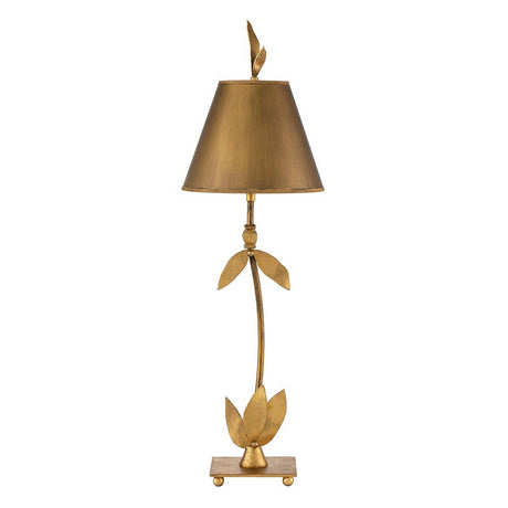 Introducing the Red Bell 1 Light Table Lamp - Gold Leaf, this sophisticated lamp showcases nature-inspired elegance with its gold metallic finish and refined leaf motif along the stem. It features a gold conical shade complemented by a sturdy square base.