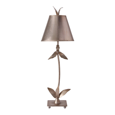 The Red Bell 1 Light Table Lamp, with its Silver Leaf finish and conical shade, is enhanced by leaf-shaped details on the stem and base, offering an elegant and natural appearance.