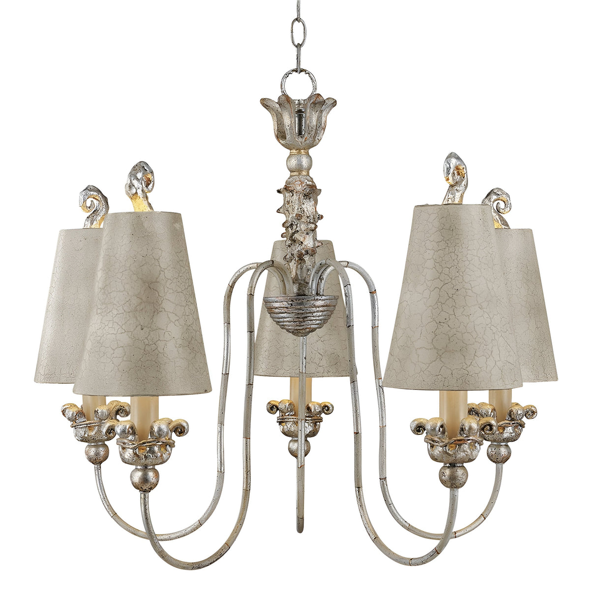 The Remi 5 Light Chandelier - Silver & Gold showcases an elegant design with traditional craftsmanship. It features a vintage style with five lampshades and a distressed finish. The ornate metalwork gives it a rustic appearance, while the curved arms and beige shades complete the look, hanging gracefully from a chain.