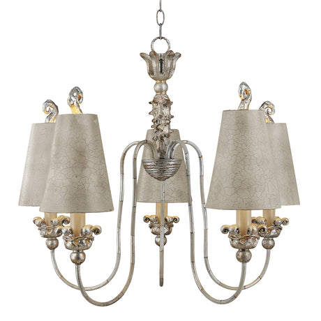 The Remi 5 Light Chandelier - Silver & Gold showcases an elegant design with traditional craftsmanship. It features a vintage style with five lampshades and a distressed finish. The ornate metalwork gives it a rustic appearance, while the curved arms and beige shades complete the look, hanging gracefully from a chain.