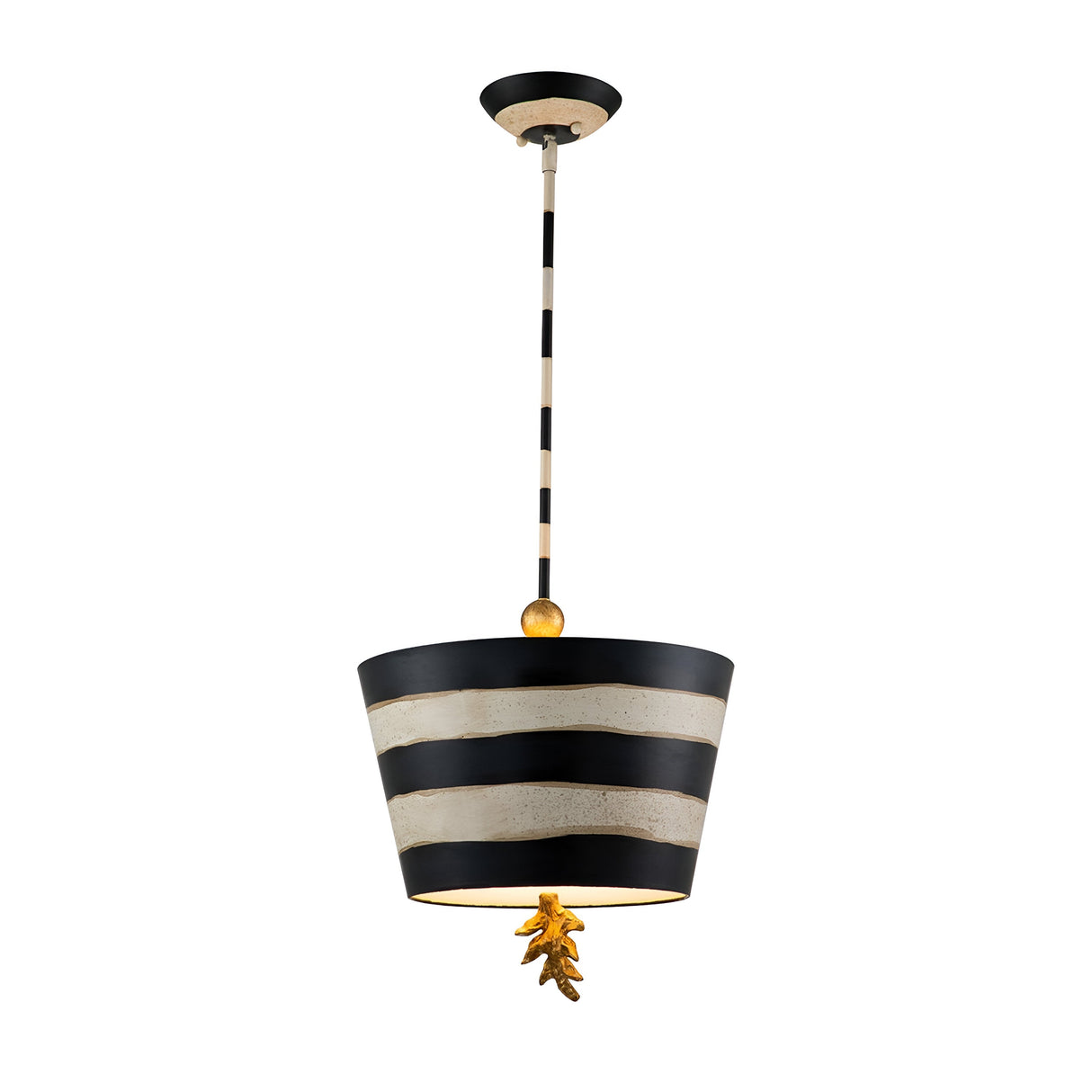The South Beach 1 Light Pendant, featuring a striking black, putty, and gold leaf design, brings coastal elegance with its cone-shaped shade and gold leaf detailing at the bottom, gracefully hanging from a matching pole.