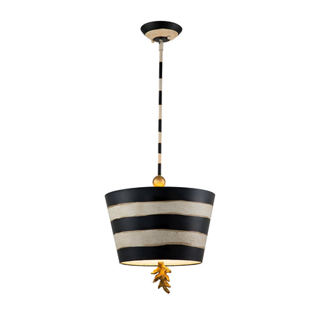 The South Beach 1 Light Pendant, featuring a striking black, putty, and gold leaf design, brings coastal elegance with its cone-shaped shade and gold leaf detailing at the bottom, gracefully hanging from a matching pole.
