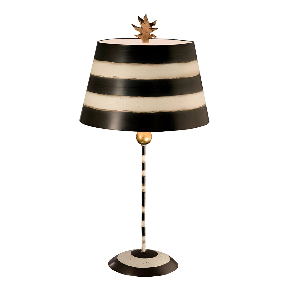 The South Beach 1 Light Table Lamp - Black, Putty & Gold Leaf features coastal charm with its striped black and white design, elegantly topped with a decorative gold pineapple.