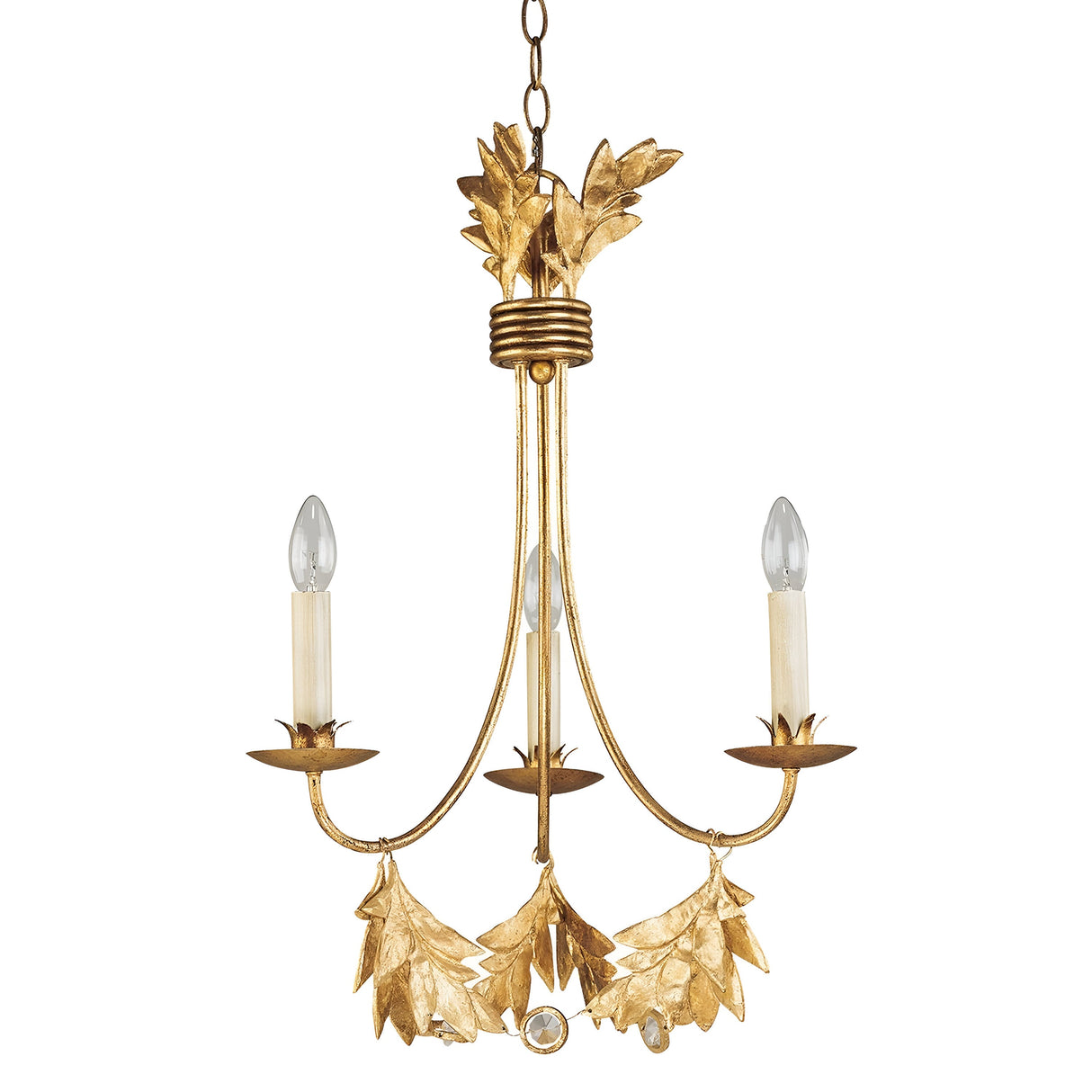The Sweet Olive 3 Light Chandelier in Gilded Gold exudes elegance with its gold finish, three-arm design, and leaf-like decorative elements. This chandelier, hanging from a chain, radiates a vintage aesthetic with candle-style lights and is elegantly enhanced by gilded gold touches and a crystal medallion, perfectly blending sophistication with natural motifs.