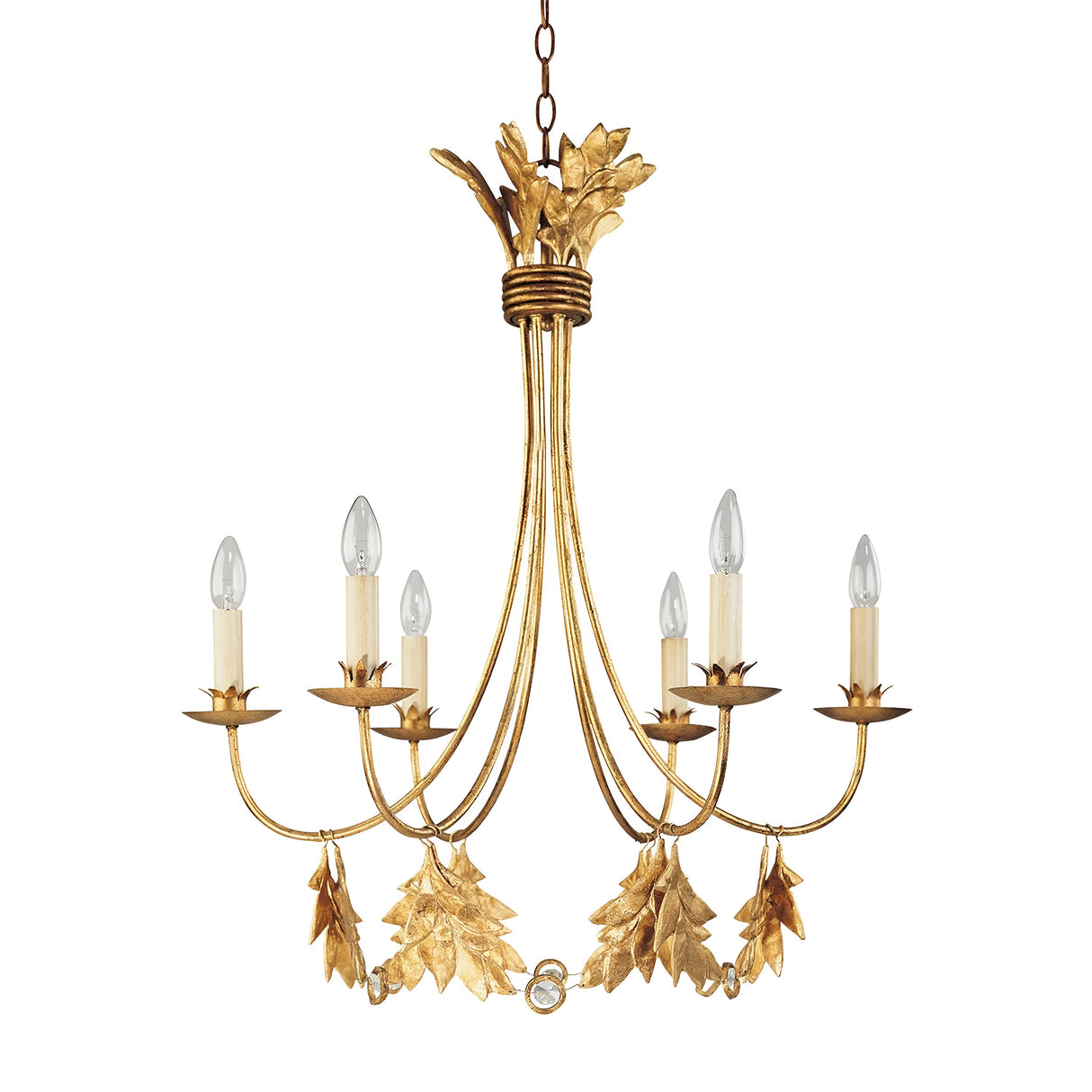 The Sweet Olive 6 Light Chandelier - Gilded Gold features a luxurious gilded gold finish with six elegantly curved arms, each decorated with leaf accents and holding an exposed bulb that mimics the appearance of a candle. Suspended from a chain, this chandelier showcases intricate leaf designs at both the top and bottom, adding elegance to any room.