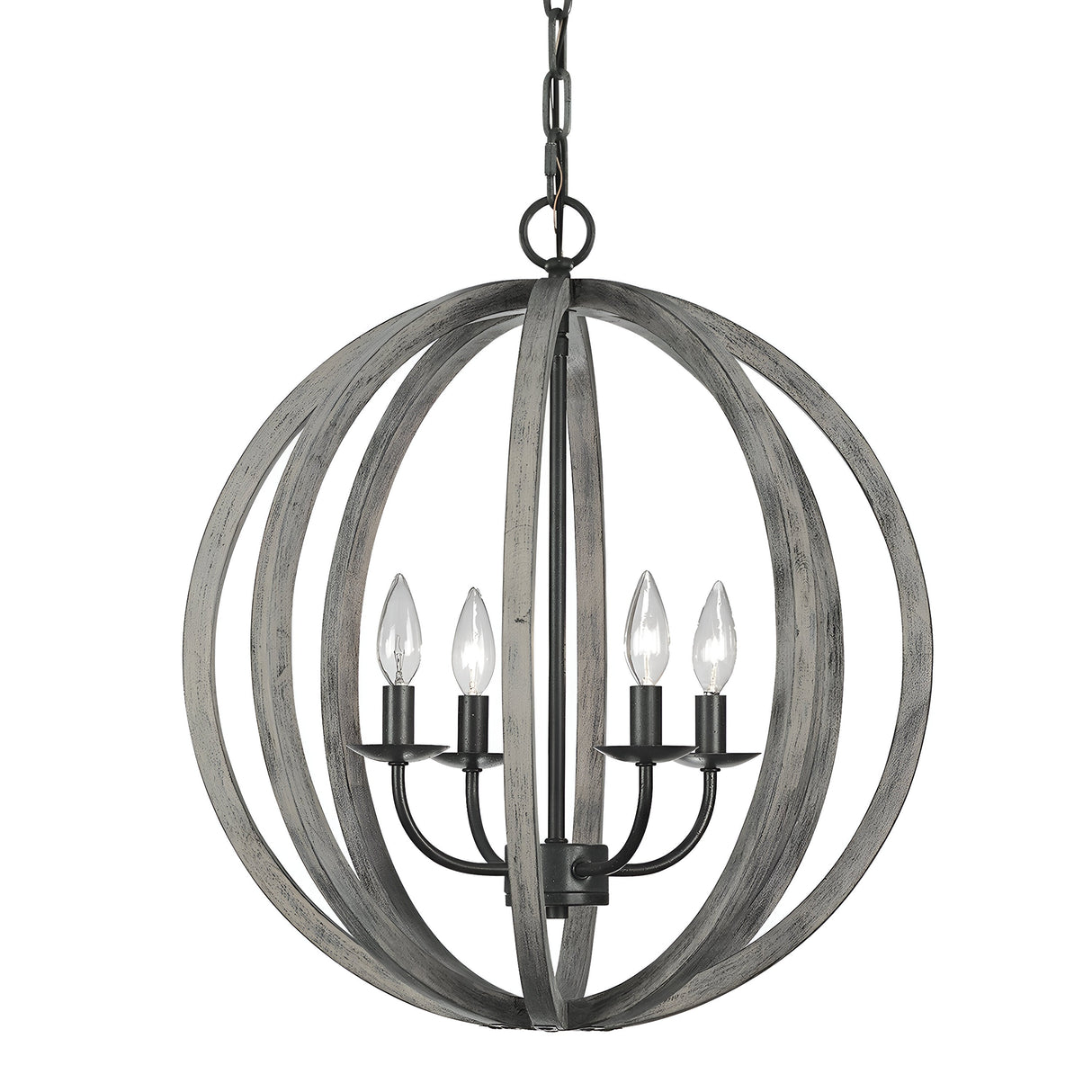 The Allier 4 Light Chandelier, crafted from Weathered Oak Wood and Antique Forged Iron, showcases a rustic design with gracefully curved wooden bands in a weathered finish that encircle four exposed candle-shaped bulbs. Suspended by a chain, it is the epitome of Rustic Industrial Lighting.