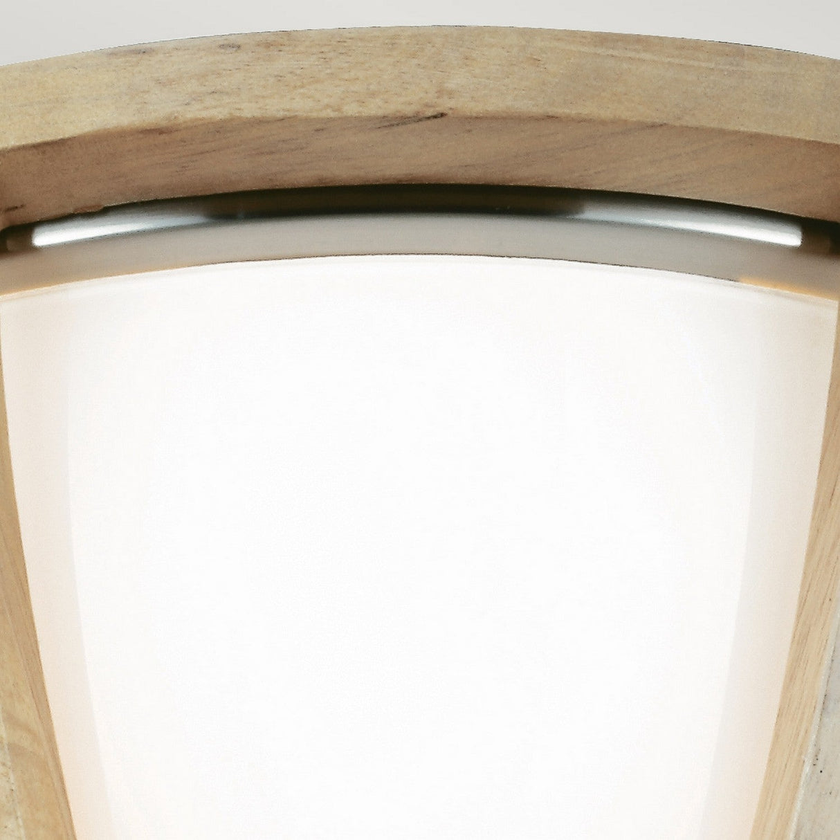 Close-up of the Allier 2 Light Flush, featuring a brushed steel frame and frosted glass cover that diffuses light to create a warm glow. The fixture includes wood accents with a natural finish for a rustic touch.