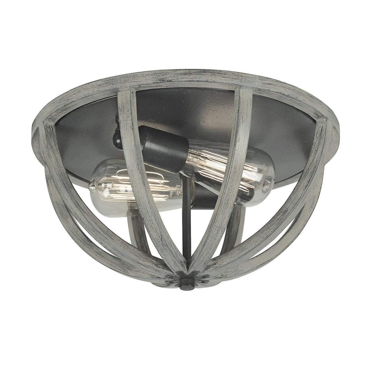 Introducing the Allier 2 Light Flush in Weathered Oak Wood and Antique Forged Iron: This ceiling light fixture features an orb-shaped design with a rustic metal cage that houses two vintage-style exposed bulbs. The distressed gray finish adds an industrial touch, complemented by antique forged iron accents that enhance your décor.