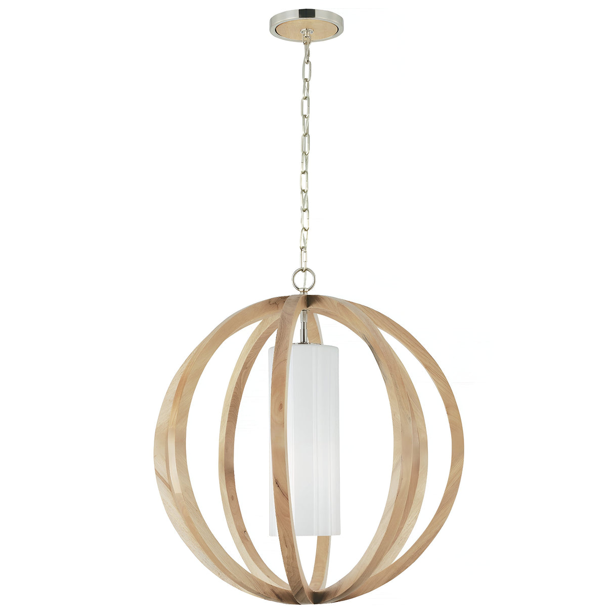The Allier 1 Light Large Pendant in light wood and brushed steel showcases a cylindrical white shade encased within an open spherical frame. It combines natural tones with contemporary style, offering an elegant touch to any space.