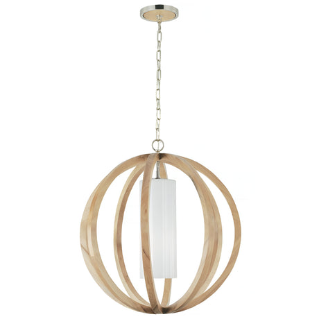 The Allier 1 Light Large Pendant in light wood and brushed steel showcases a cylindrical white shade encased within an open spherical frame. It combines natural tones with contemporary style, offering an elegant touch to any space.