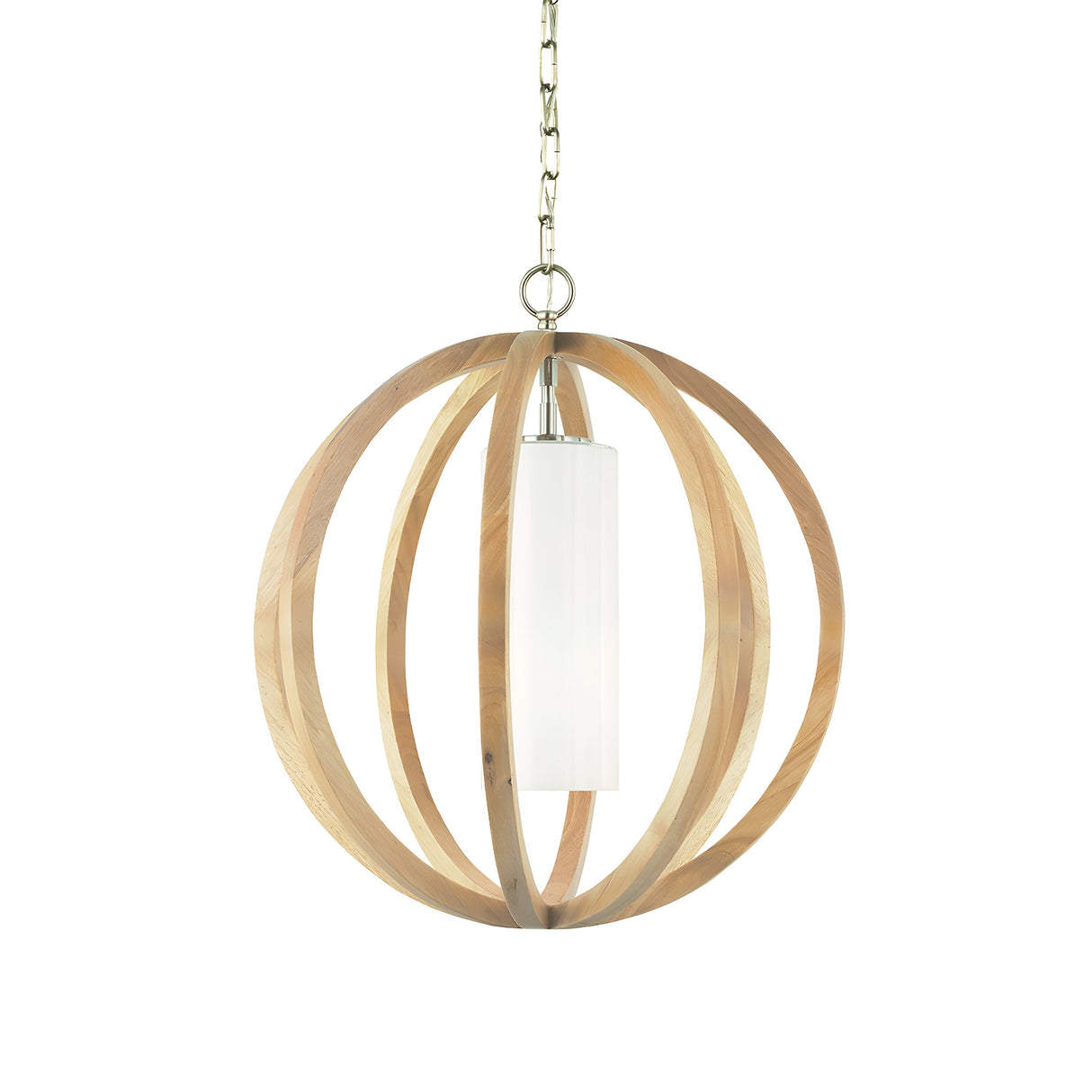 Introducing the Allier 1 Light Small Pendant, featuring a light wood spherical frame with open slats that encircle a central cylindrical white fixture. This design elegantly combines brushed steel lighting components and is suspended by a sturdy metal chain.