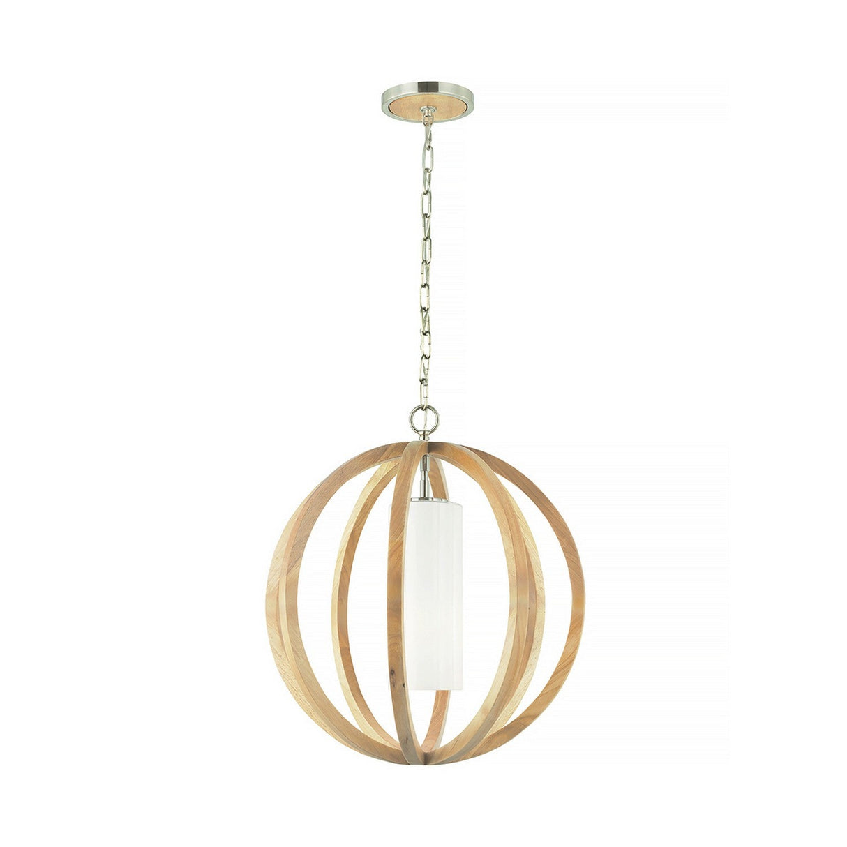 The Allier 1 Light Small Pendant features a modern rustic design with light wood circular bands encircling a central white cylindrical light. It hangs elegantly from a chain attached to the ceiling mount, seamlessly blending contemporary elements with an elegant finish.