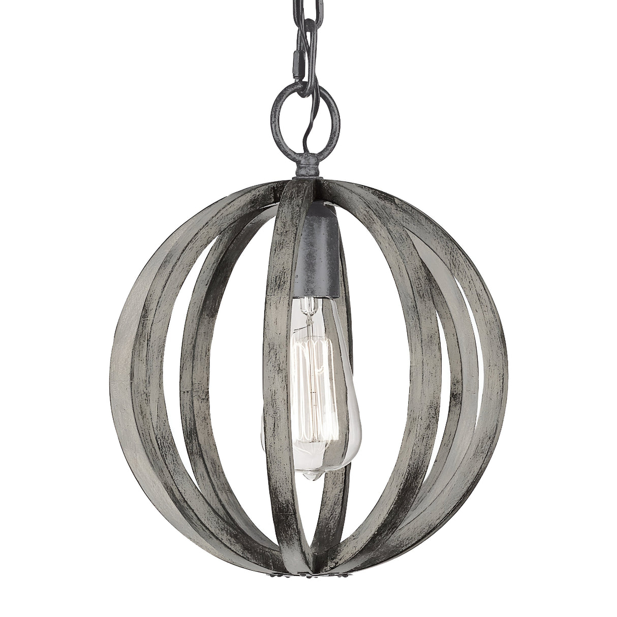 The Allier 1 Light Mini Pendant features a spherical design with a rustic metal frame that encircles a vintage-style exposed bulb. Hanging from a chain, it boasts an industrial look with a weathered oak wood finish, reminiscent of antique forged iron aesthetics.