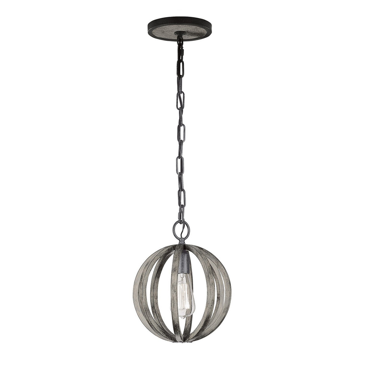 The Allier 1 Light Mini Pendant showcases a rustic design with a spherical metal cage, suspended from a chain. Made from weathered oak wood and accented with antique forged iron, it features a single bulb inside for a simple, industrial look.