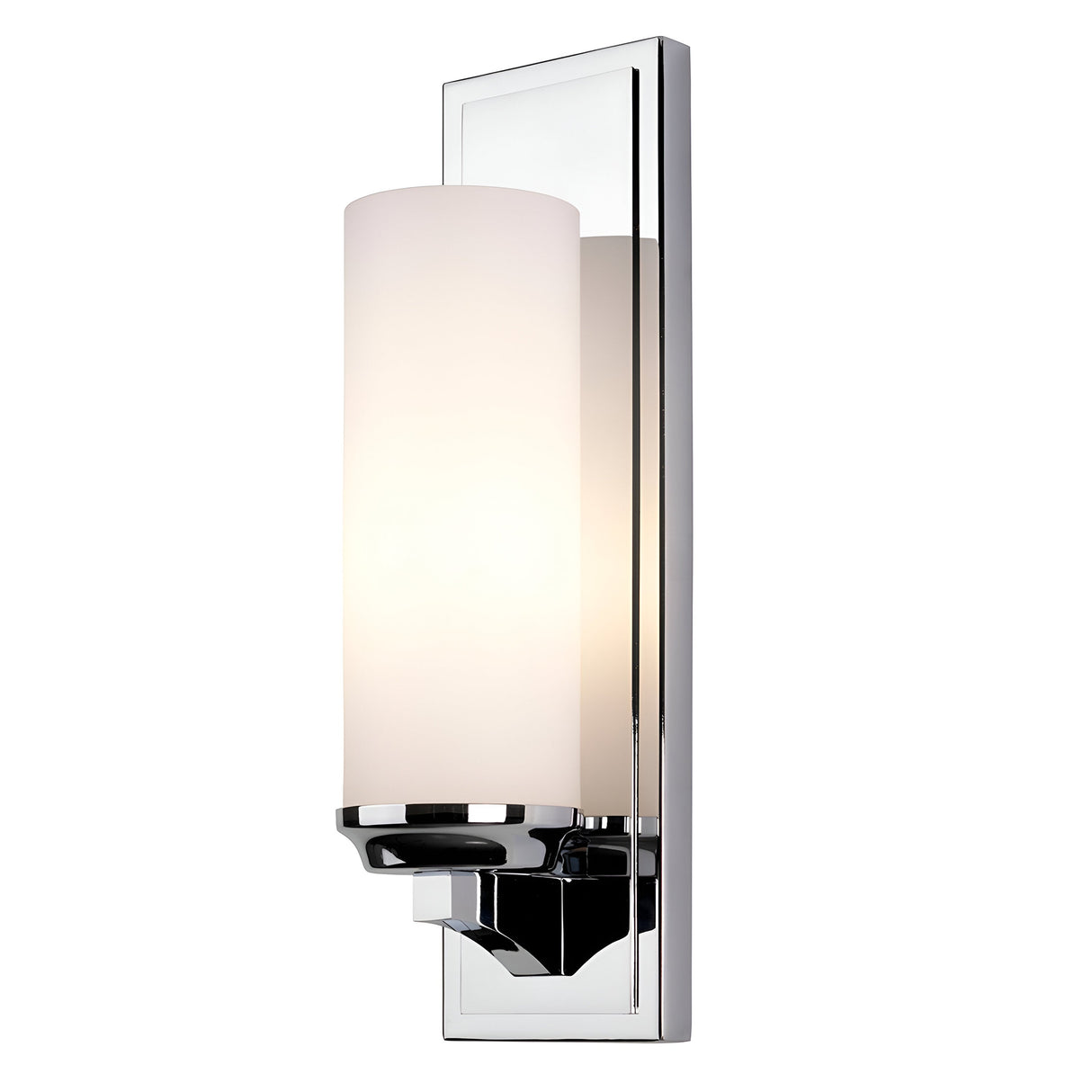 The Amalia 1 Light Large Wall Light - Polished Chrome is a modern wall sconce featuring a polished chrome base and a cylindrical frosted glass shade that emits soft white light. Its sleek design, with an IP44 rating, integrates seamlessly into various contemporary interior settings.