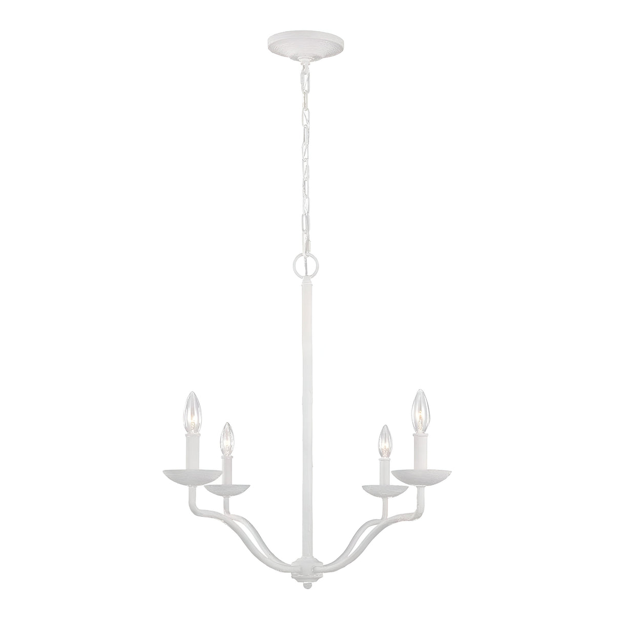The Annie 4 Light Chandelier - Textured Plaster White showcases a minimalist design with a textured plaster finish. Its four candle-like light fixtures, each accommodating a bulb, are suspended gracefully from a chain and rod, capturing coastal-inspired elegance with its clean, modern look.