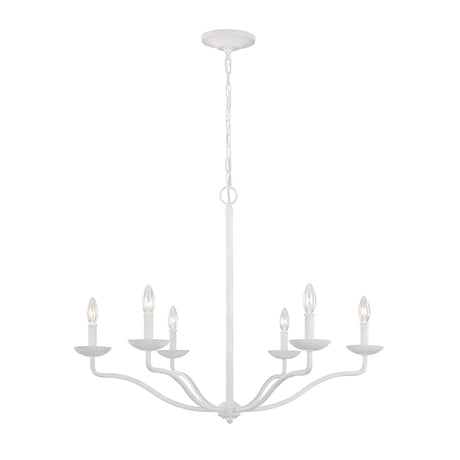 The Annie 6 Light Chandelier in Textured Plaster White hangs from a chain, showcasing coastal charm with its minimalist design and curved, six-arm structure. The candle-style lights are illuminated, casting a soft glow that enhances its modern sophistication.
